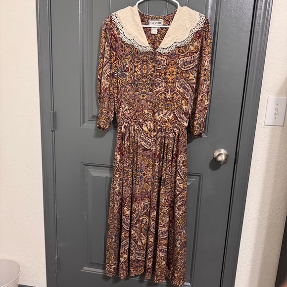 Vintage L. G. Star Darling Brown Cottage Pleated Farmhouse Dress w/Sailor Collar - Picture 1 of 16